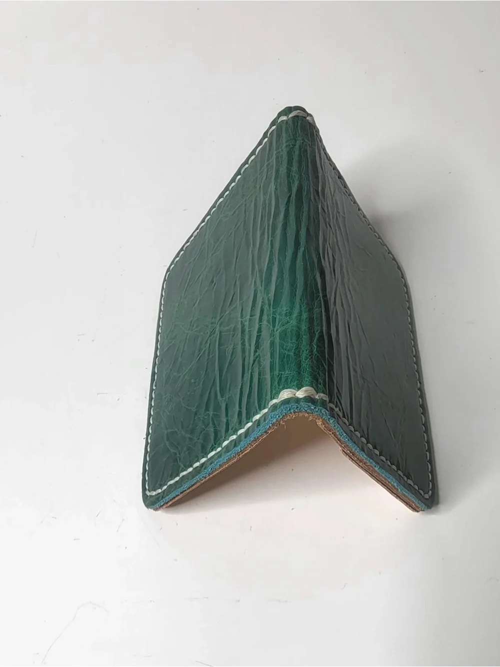 Handmade Men's Green Leather Wallet with White Stitching